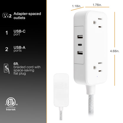 GE-branded Extension Cord with USB Charging 2 USB-A, 1 USB-C, 2 outlets, 6ft. Braided Cord, White/Gray