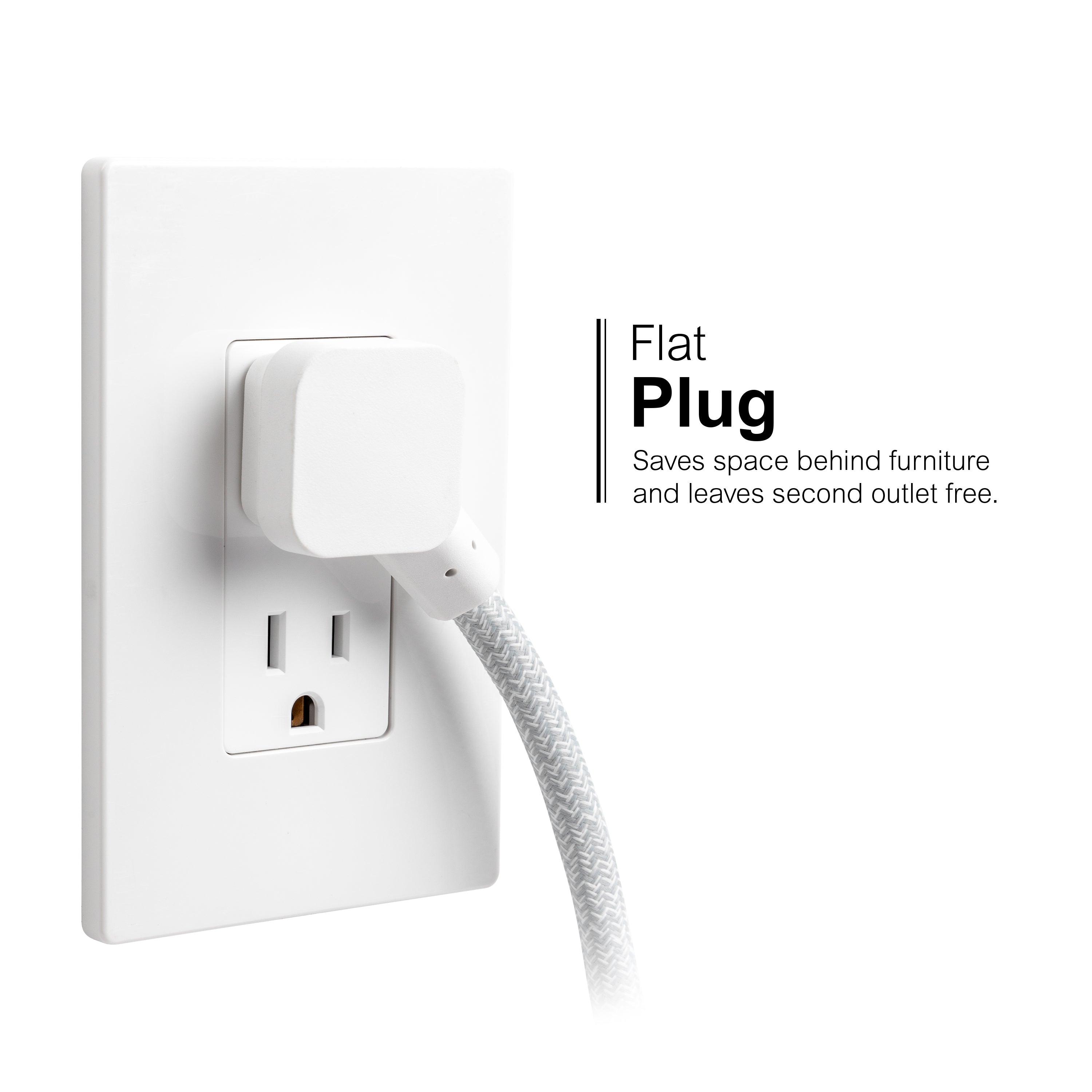 GE-branded Extension Cord with USB Charging 2 USB-A, 1 USB-C, 2 outlets, 6ft. Braided Cord, White/Gray