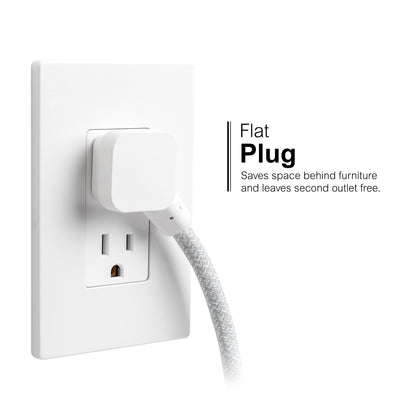 GE-branded Extension Cord with USB Charging 2 USB-A, 1 USB-C, 2 outlets, 6ft. Braided Cord, White/Gray