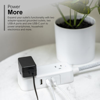GE-branded Extension Cord with USB Charging 2 USB-A, 1 USB-C, 2 outlets, 6ft. Braided Cord, White/Gray