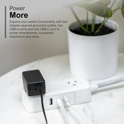 GE-branded Extension Cord with USB Charging 2 USB-A, 1 USB-C, 2 outlets, 6ft. Braided Cord, White/Gray