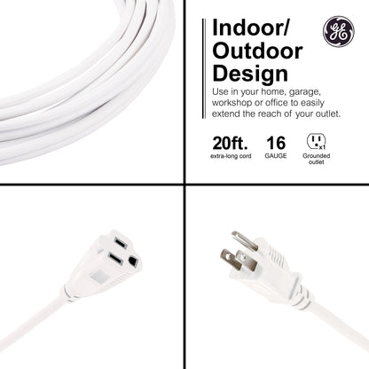 GE 1-Outlet Grounded Extension Cord, Outdoor, 20ft., 16AWG, White