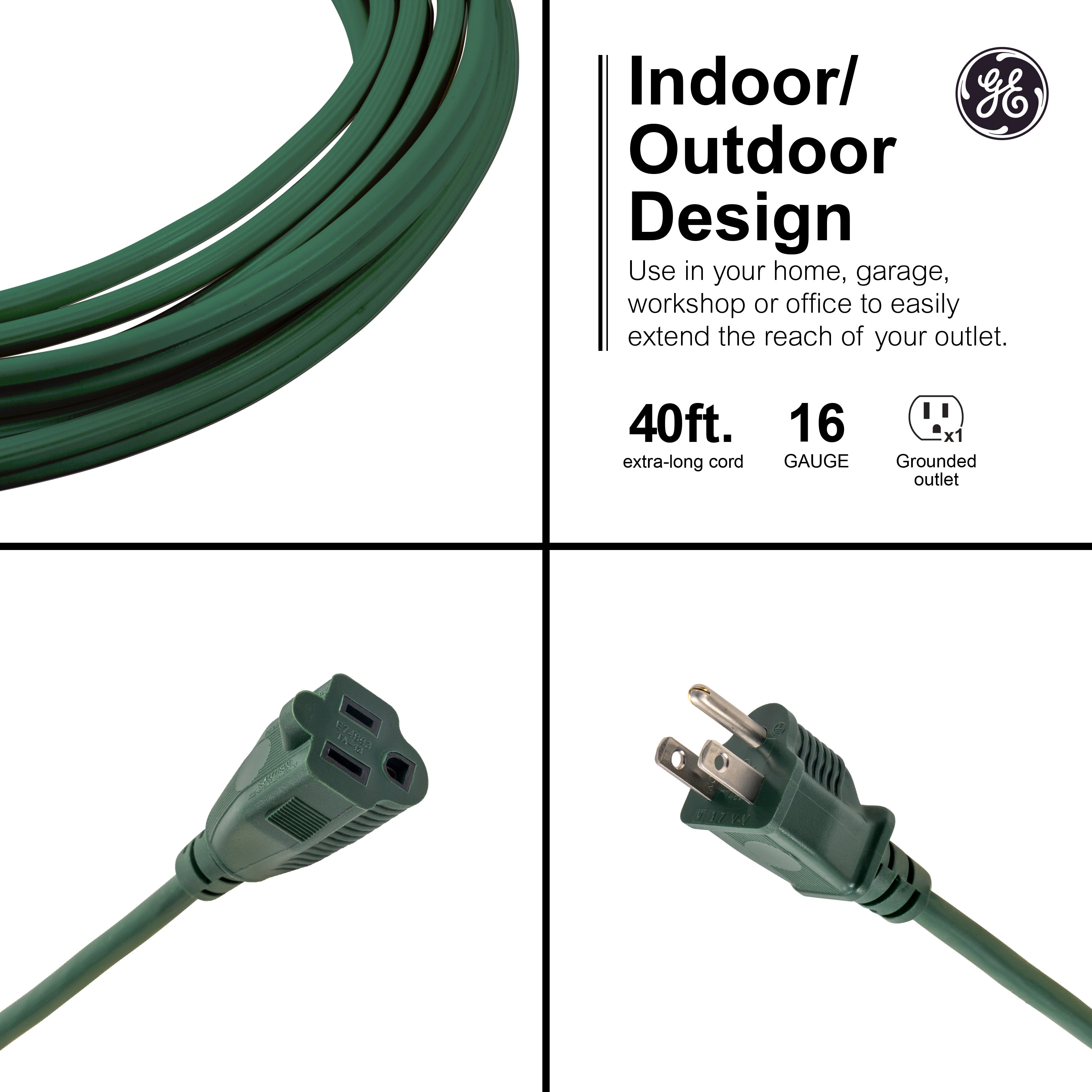 GE 1-Outlet Grounded Extension Cord, Outdoor, 40ft., 16AWG, Green