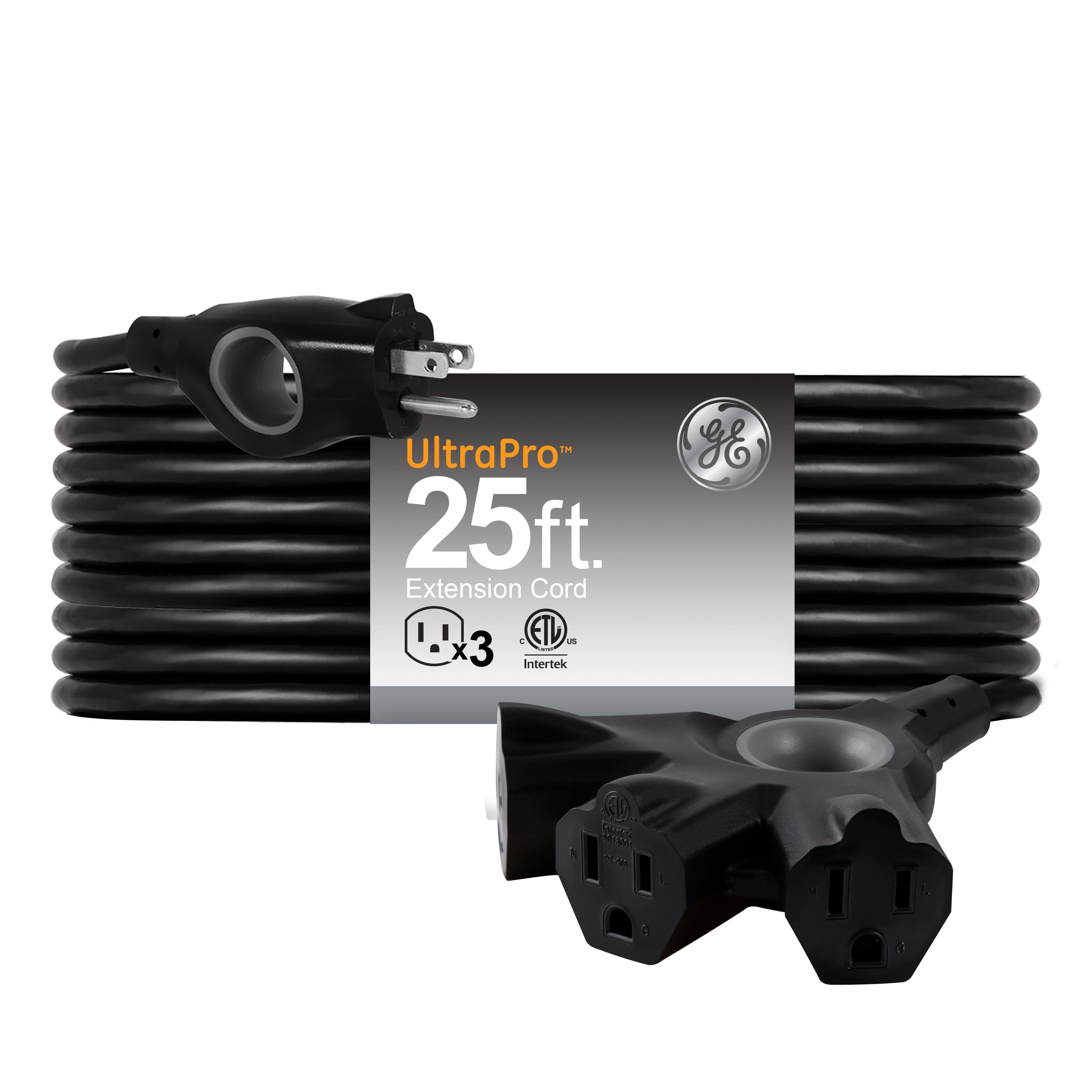 GE-branded 3-Outlet EZGrip Grounded Extension Cord, 25ft., Indoor/Outdoor, Black