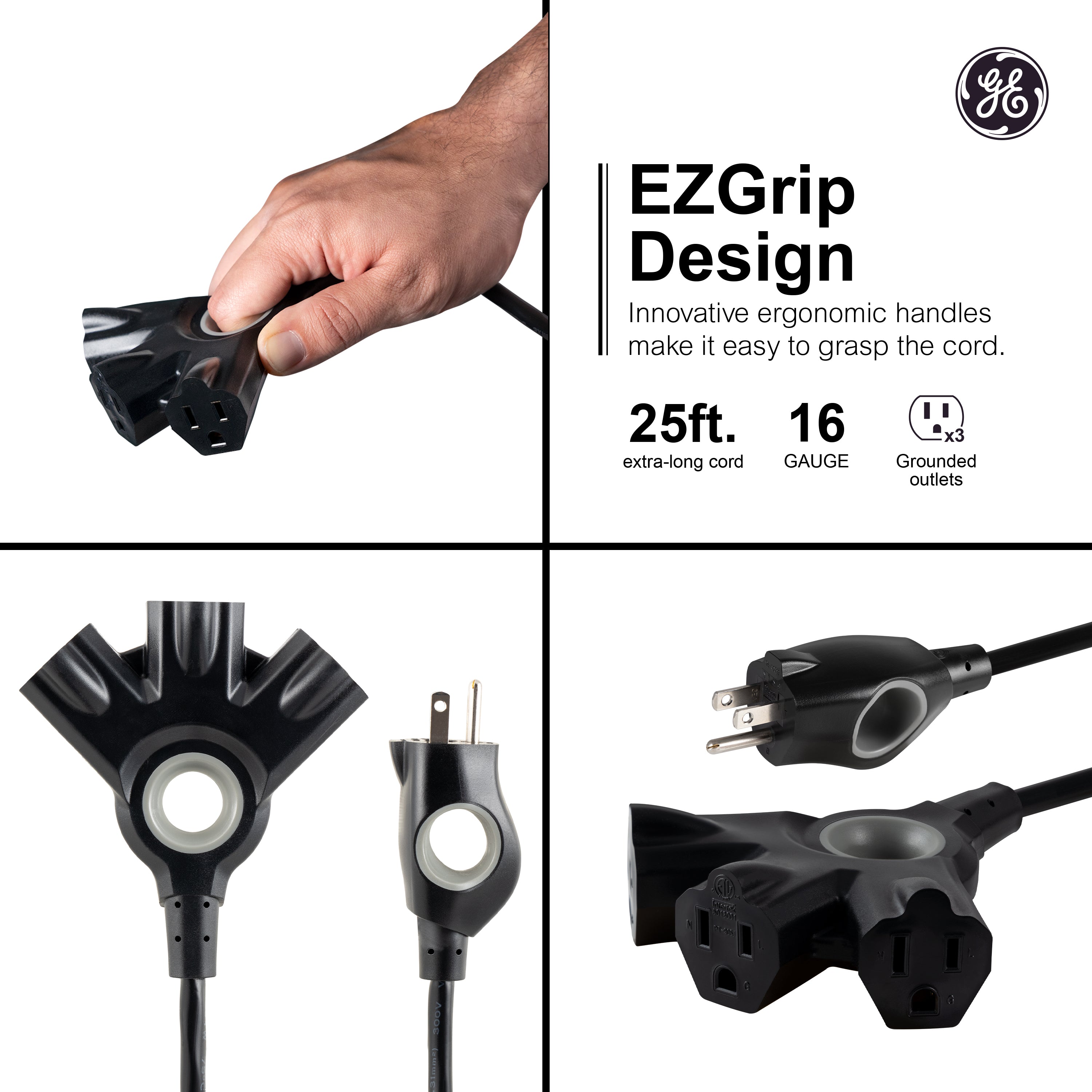 GE-branded 3-Outlet EZGrip Grounded Extension Cord, 25ft., Indoor/Outdoor, Black