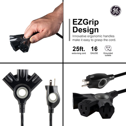 GE-branded 3-Outlet EZGrip Grounded Extension Cord, 25ft., Indoor/Outdoor, Black