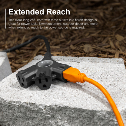 GE-branded 3-Outlet EZGrip Grounded Extension Cord, 25ft., Indoor/Outdoor, Black