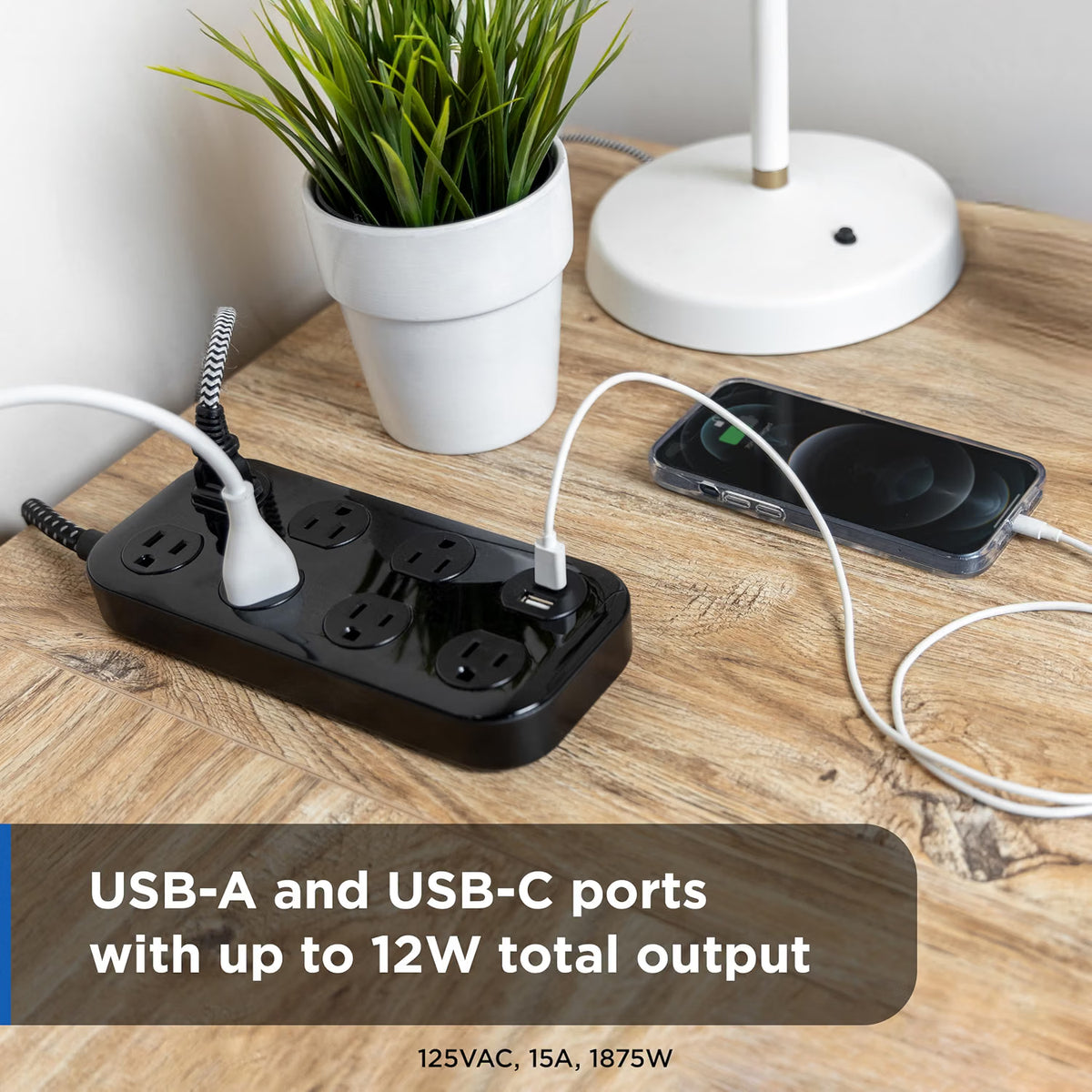 GE-branded 7-Outlet Surge Protector, 1 USB-A, 1 USB-C, 1470 Joules, 4ft., Black