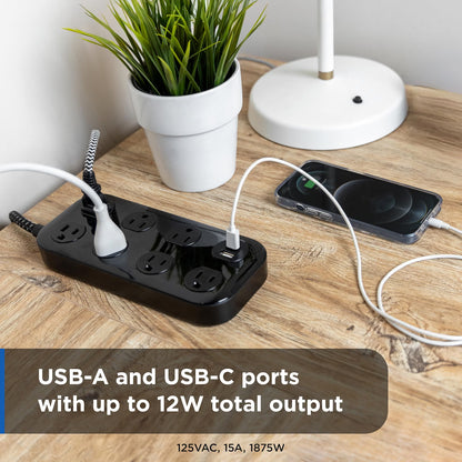 GE-branded 7-Outlet Surge Protector, 1 USB-A, 1 USB-C, 1470 Joules, 4ft., Black