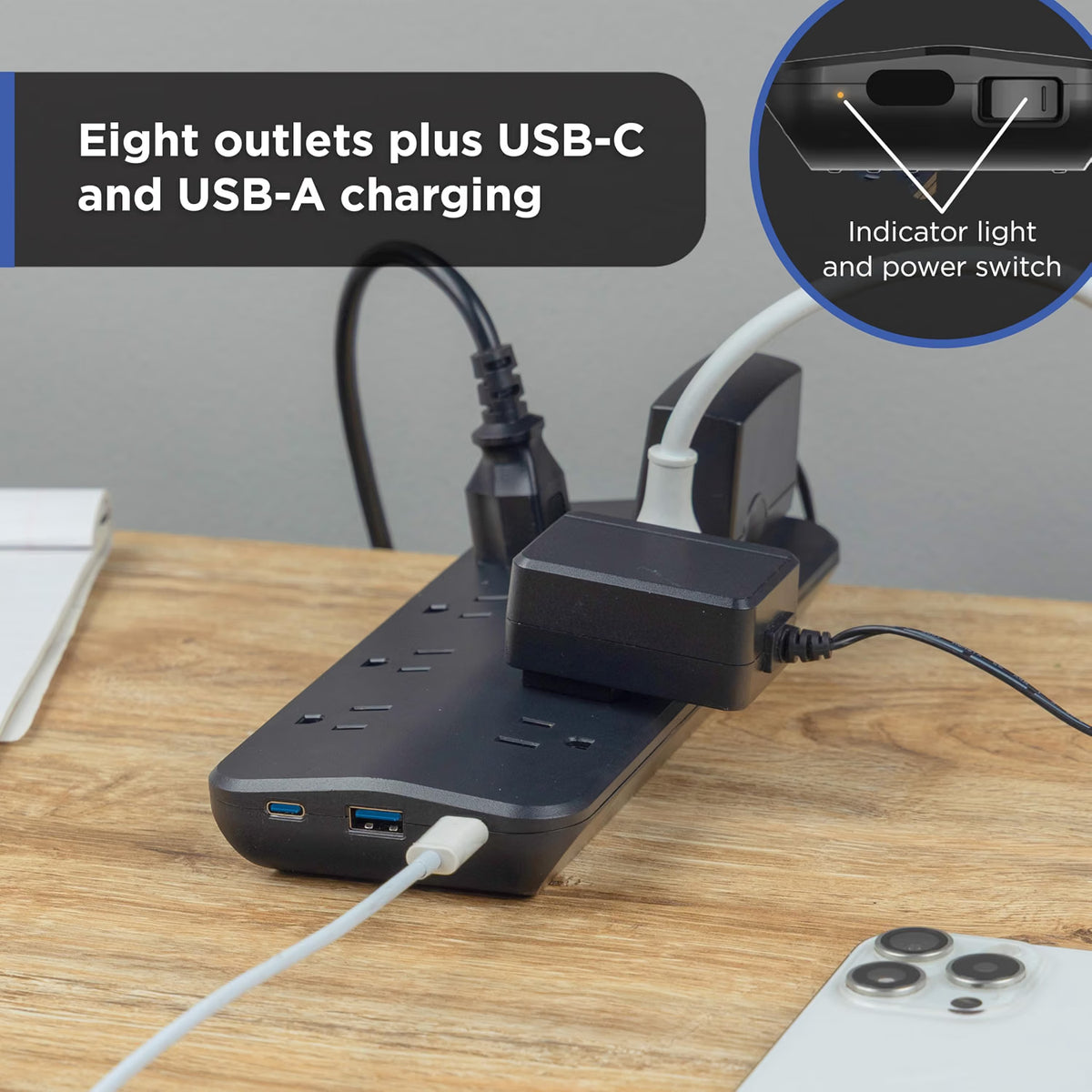 GE-branded 8-Outlet UltraSlim Surge Protector, 1 USB-A, 2 USB-C 15W, 1500J, 4ft. Braided Cord, Black