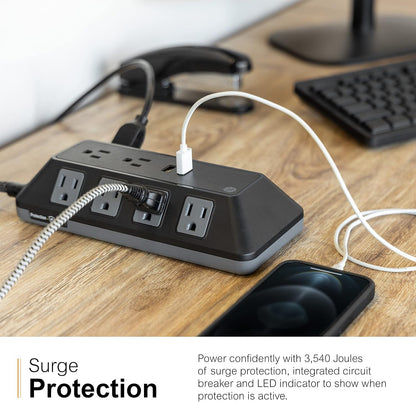 GE UltraPro 10-Outlet Surge Protector with USB, 3540J, 2 USB-A Ports, 2.4A, 12W, 4ft. Braided Cord, Black