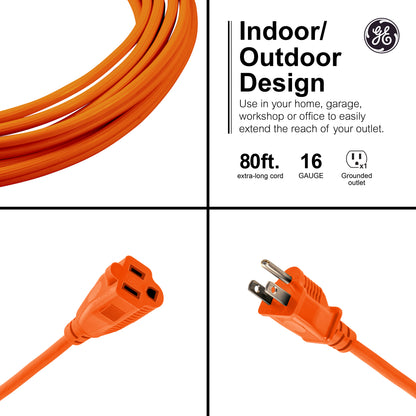 GE 1-Outlet Grounded Extension Cord, Outdoor, 80ft., 16AWG, Orange