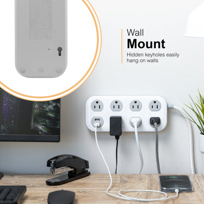 GE-branded UltraPro 7-Outlet Surge Protector, 2 USB-A, 1470 Joules, 4ft., White/Gray