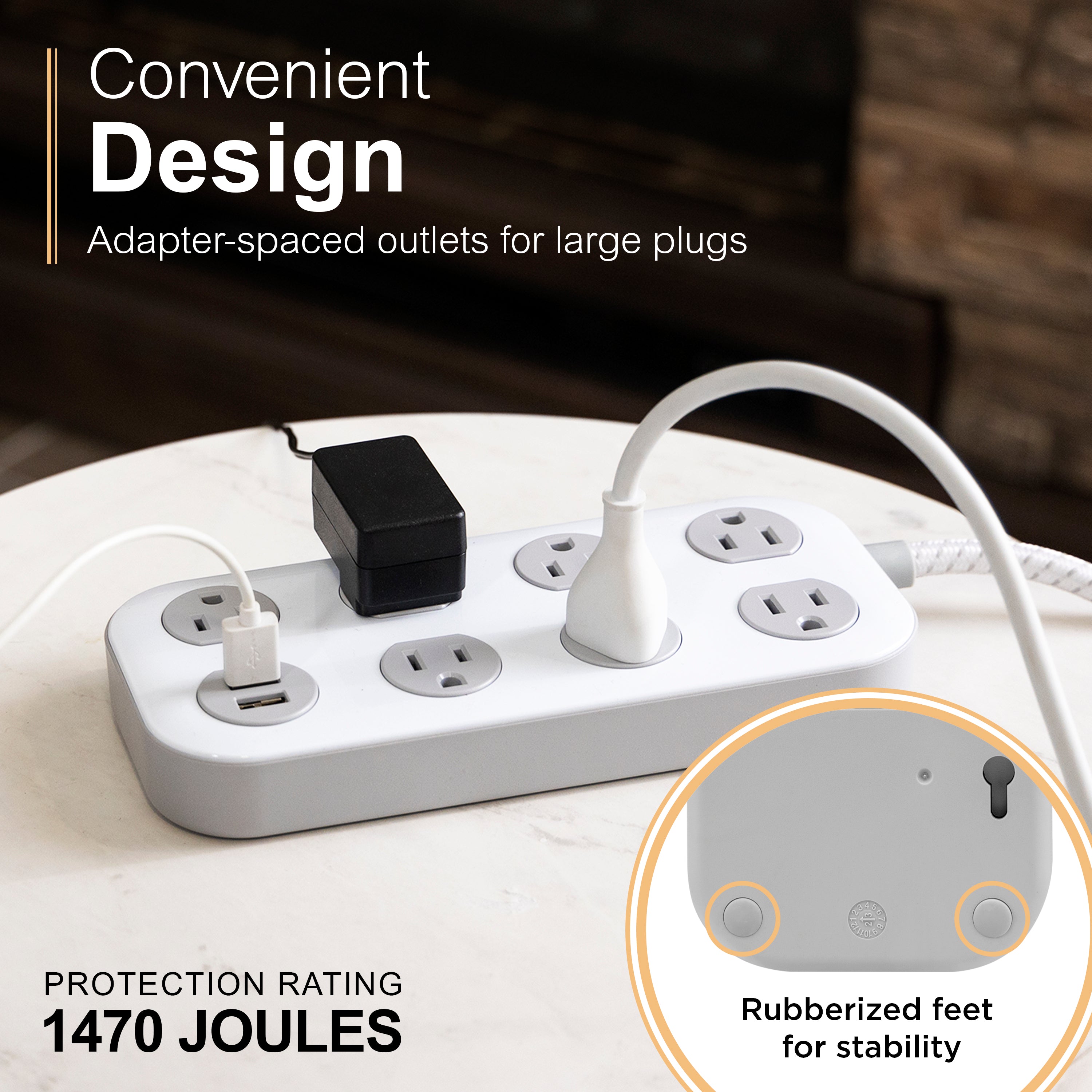 GE-branded UltraPro 7-Outlet Surge Protector, 2 USB-A, 1470 Joules, 4ft., White/Gray