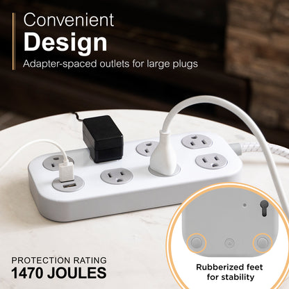 GE-branded UltraPro 7-Outlet Surge Protector, 2 USB-A, 1470 Joules, 4ft., White/Gray