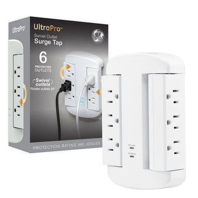 GE-branded UltraPro 6-Outlet Swivel Surge Tap, 980J, White