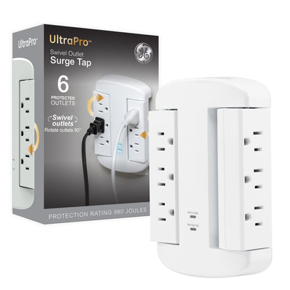 GE-branded UltraPro 6-Outlet Swivel Surge Tap, 980J, White