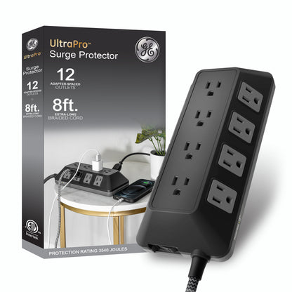 GE-branded UltraPro 12-Outlet Surge Protector, 3540J, 8ft. Braided Cord, Black