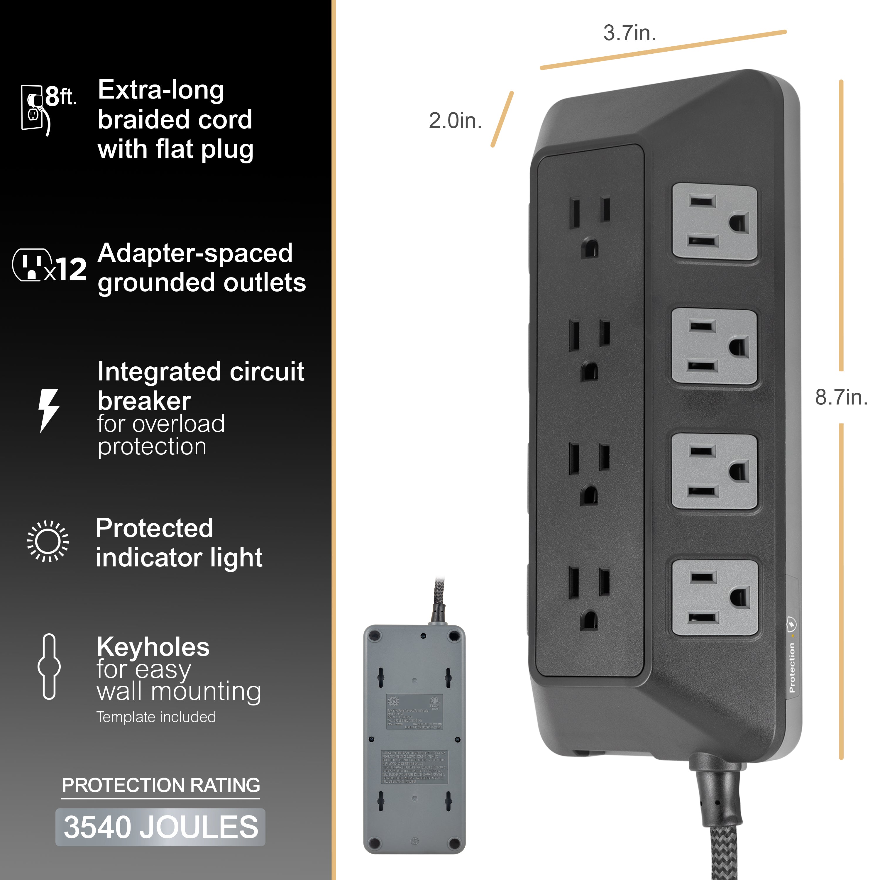 GE-branded UltraPro 12-Outlet Surge Protector, 3540J, 8ft. Braided Cord, Black