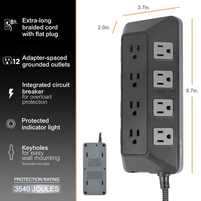 GE-branded UltraPro 12-Outlet Surge Protector, 3540J, 8ft. Braided Cord, Black