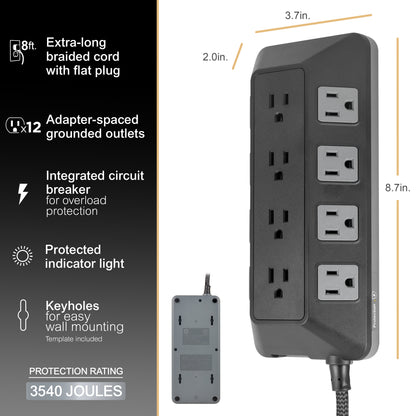 GE-branded UltraPro 12-Outlet Surge Protector, 3540J, 8ft. Braided Cord, Black