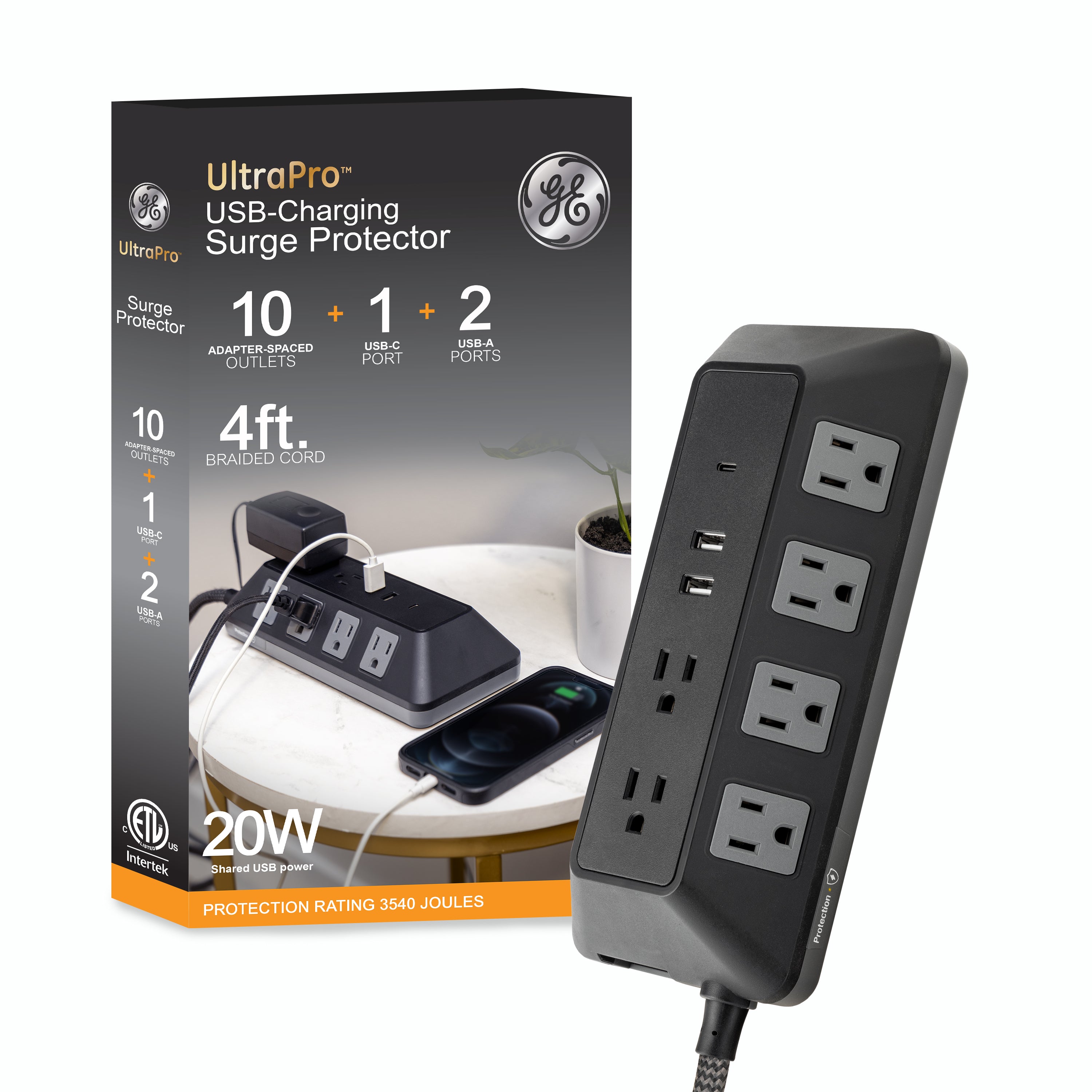 GE-branded UltraPro 10-Outlet Surge Protector, 3540J, 4ft. Braided Cord, Black
