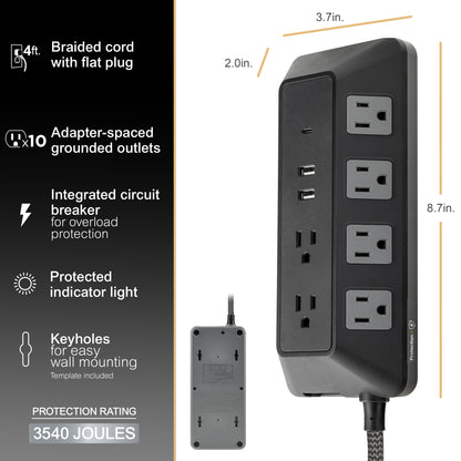 GE-branded UltraPro 10-Outlet Surge Protector, 3540J, 4ft. Braided Cord, Black