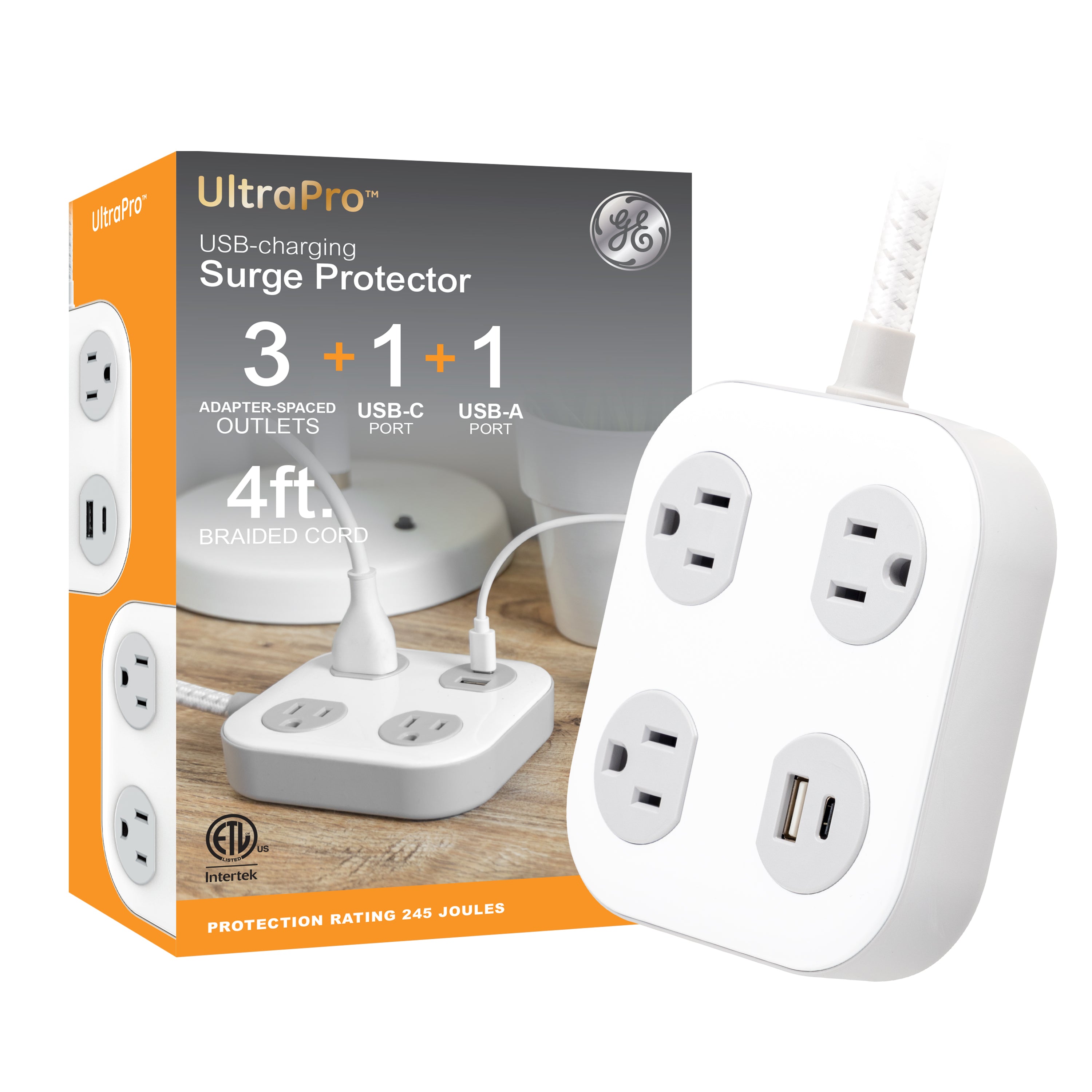 GE-branded UltraPro 3-Outlet Surge Protector with USB, 245J, 1 USB-A, 1 USB-C, White