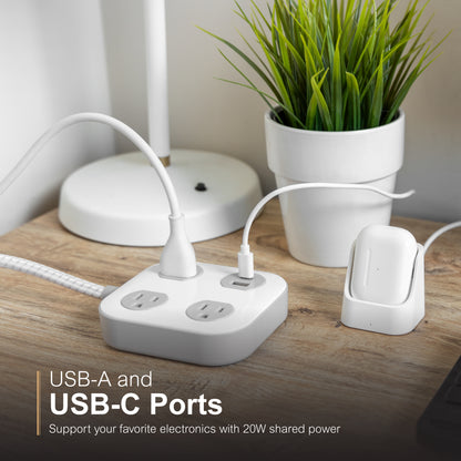 GE-branded UltraPro 3-Outlet Surge Protector with USB, 245J, 1 USB-A, 1 USB-C, White