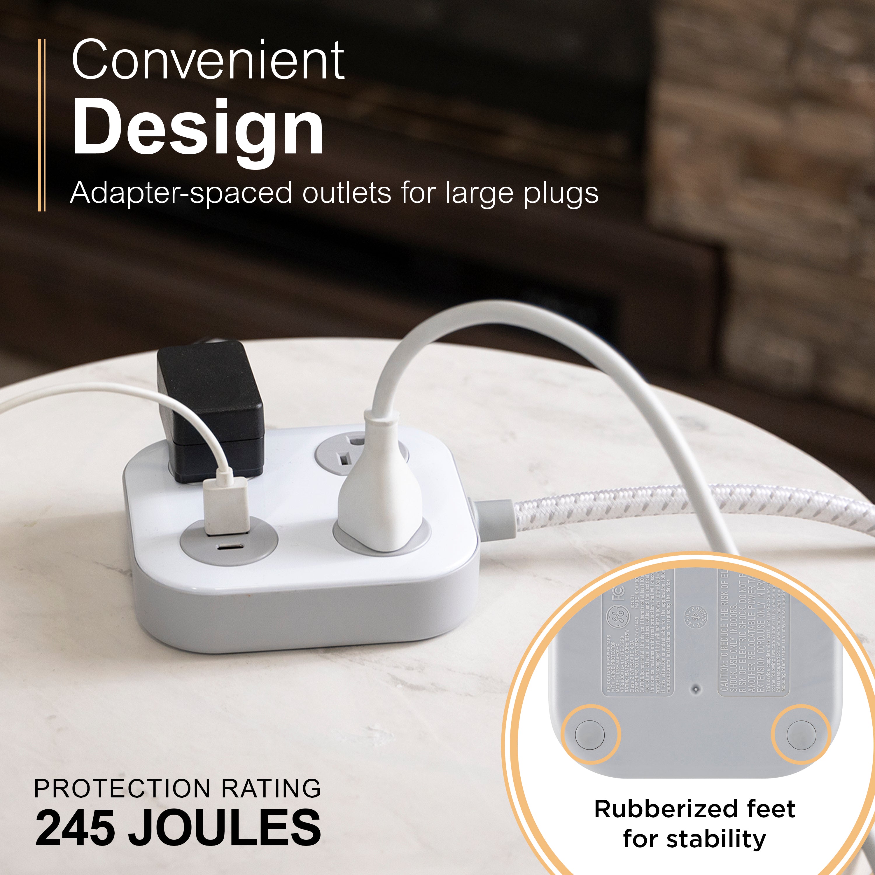 GE-branded UltraPro 3-Outlet Surge Protector with USB, 245J, 1 USB-A, 1 USB-C, White