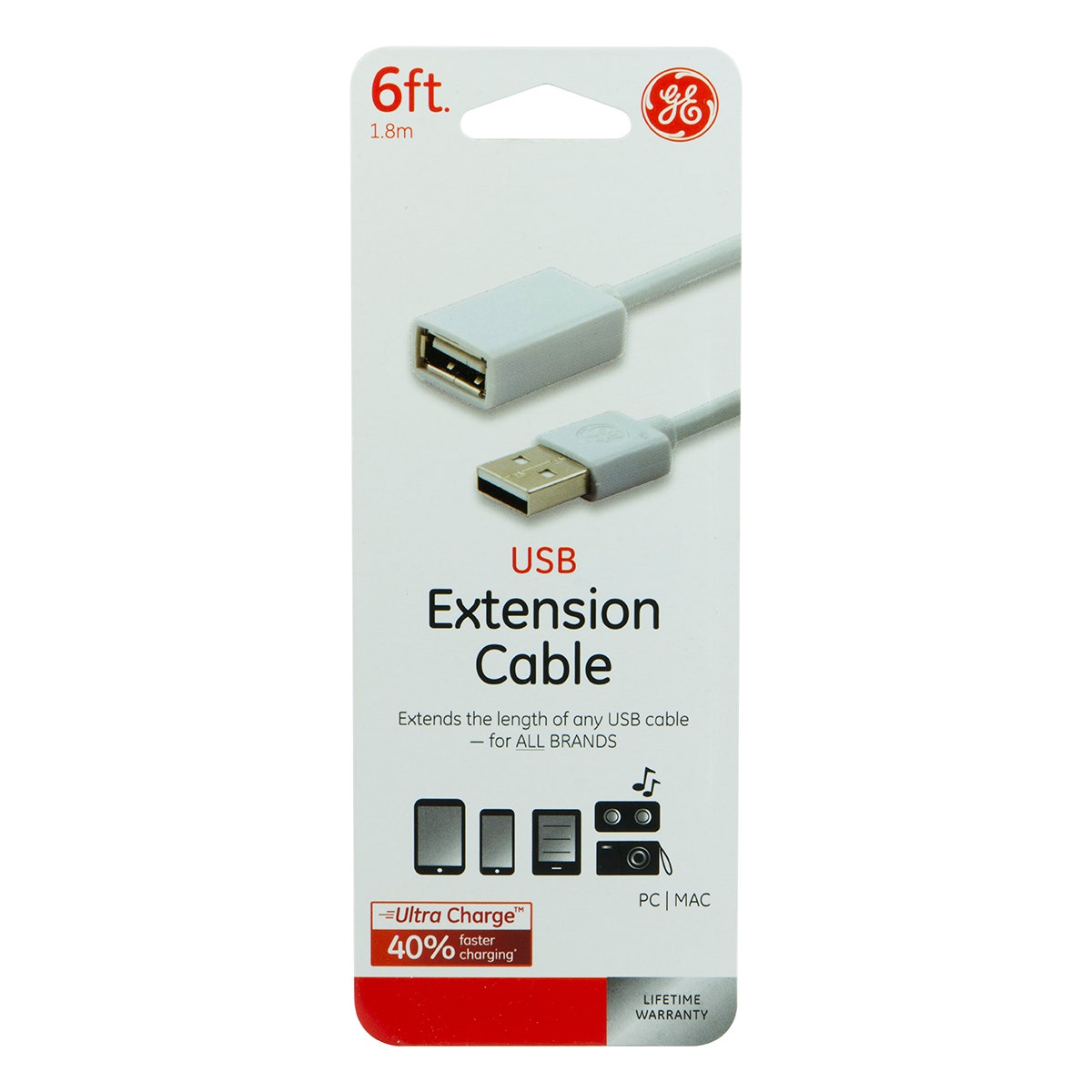 GE UltraCharge 6ft. USB Extension Cable, White
