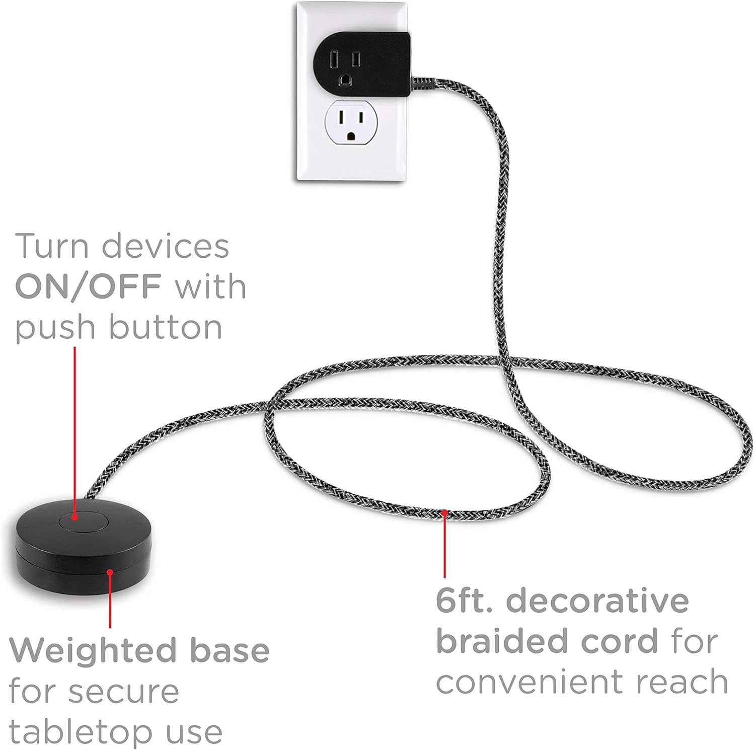 Cordinate Tabletop Switch with Braided Cord, Black, 2pk