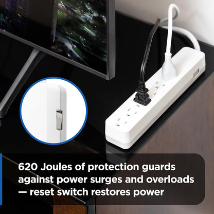 GE Pro 6-Outlet Surge Protector Extension Cord, 2ft., 620 Joules, White