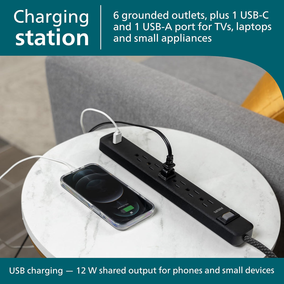 Philips Surge Protector, 6OL, 1 USB-A, 1 USB-C, 12W, 945J, 3ft., Black