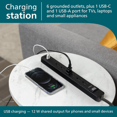 Philips Surge Protector, 6OL, 1 USB-A, 1 USB-C, 12W, 945J, 3ft., Black