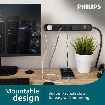 Philips 6-Outlet Surge Protector, 735 J, 3 ft. Braided Cord, Black