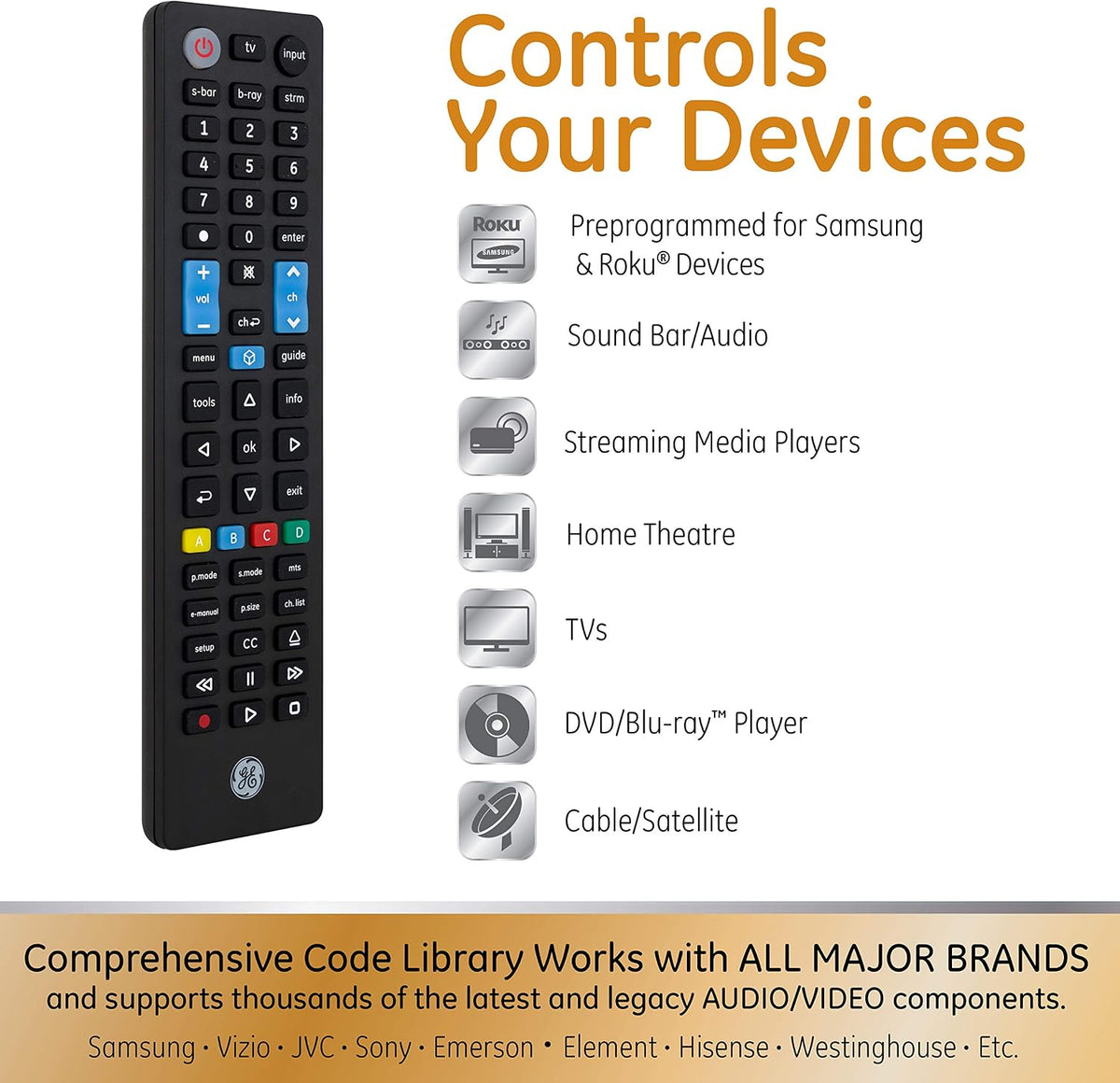 GE-branded UltraPro 4-Device Universal Replacement Samsung Remote+