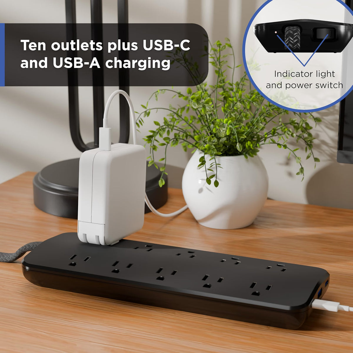GE-branded 10OL Surge Protector, 1 USB-A, 2 USB-C, 20W Power Delivery Shared, 1000J, 4ft. Braided Cord, Black