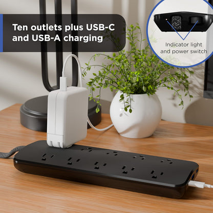 GE-branded 10OL Surge Protector, 1 USB-A, 2 USB-C, 20W Power Delivery Shared, 1000J, 4ft. Braided Cord, Black