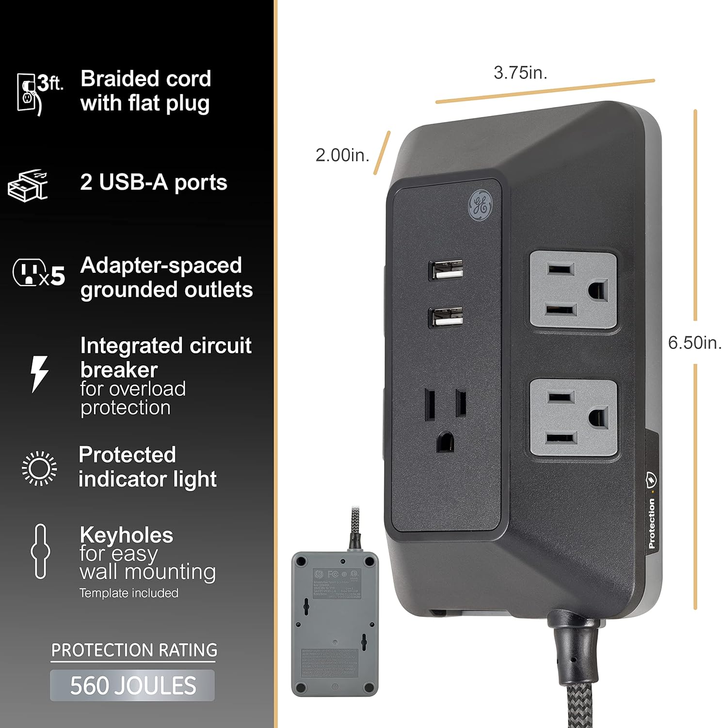 GE UltraPro ADAPT 5-Outlet Surge Protector with USB, 560J, 2 USB-A Ports, 2.4A, 3ft. Braided Cord, Black