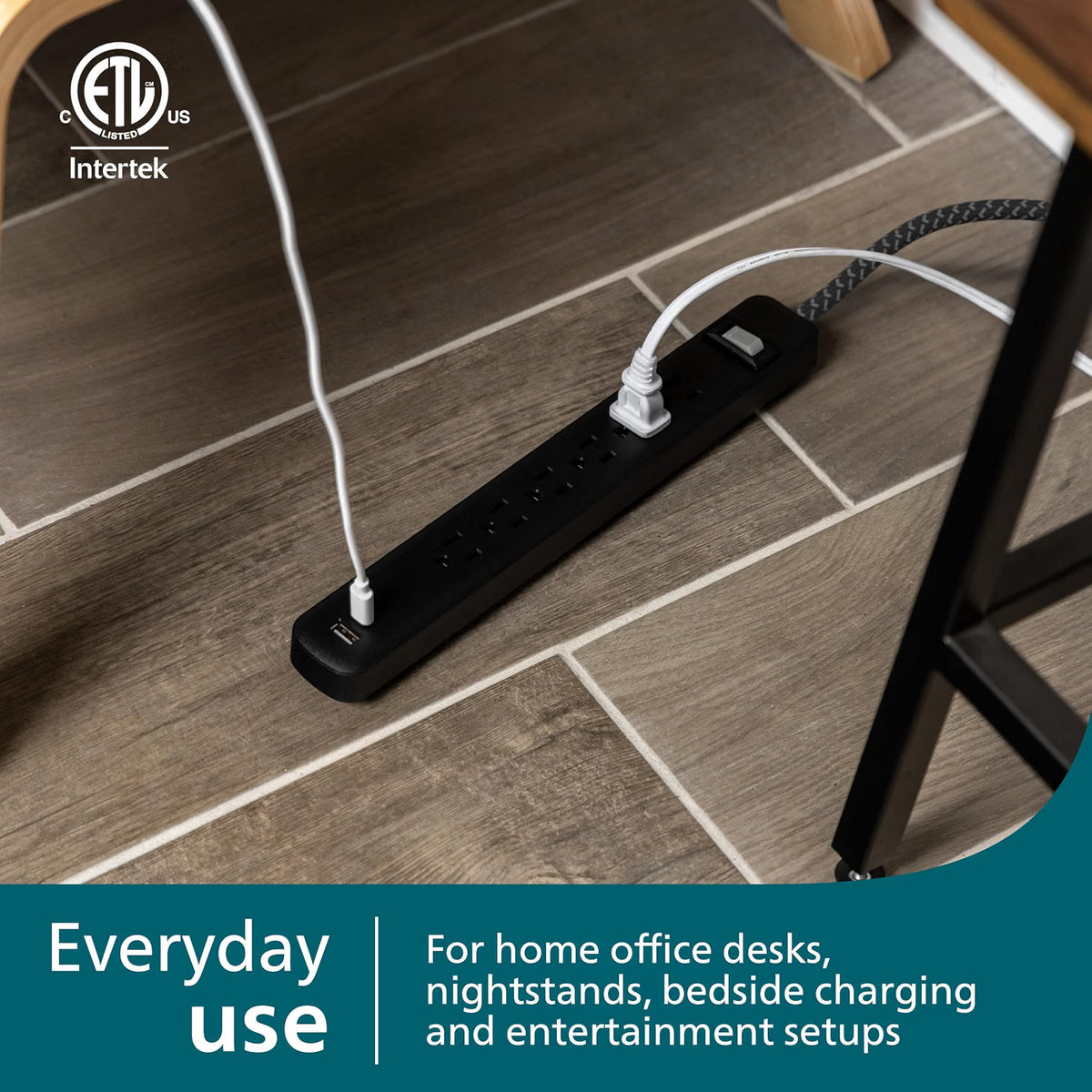 Philips Surge Protector, 6OL, 1 USB-A, 1 USB-C, 12W, 945J, 3ft., Black