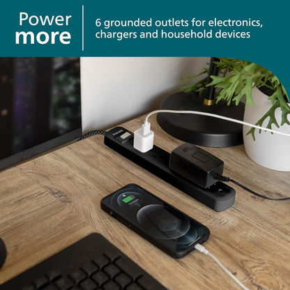 Philips 6-Outlet Surge Protector, 735 J, 3 ft. Braided Cord, Black