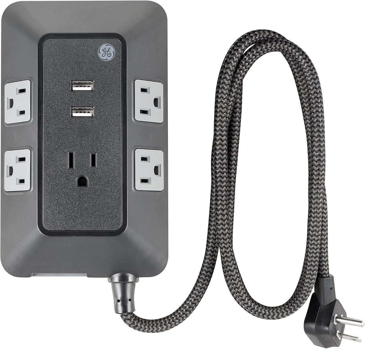 GE UltraPro ADAPT 5-Outlet Surge Protector with USB, 560J, 2 USB-A Ports, 2.4A, 3ft. Braided Cord, Black