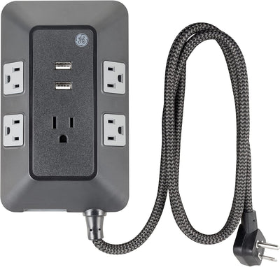 GE UltraPro ADAPT 5-Outlet Surge Protector with USB, 560J, 2 USB-A Ports, 2.4A, 3ft. Braided Cord, Black