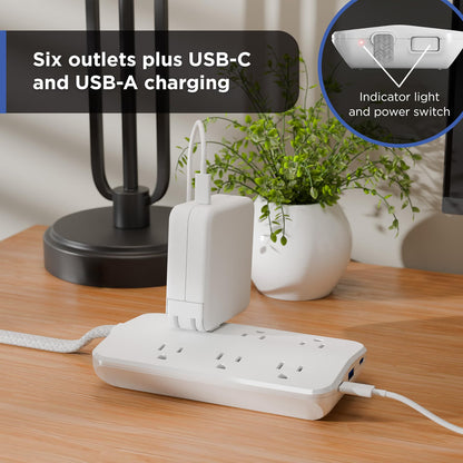 GE-branded 6OL Surge Protector, 1 USB-A, 2 USB-C, 500J, 3ft. Braided Cord, White