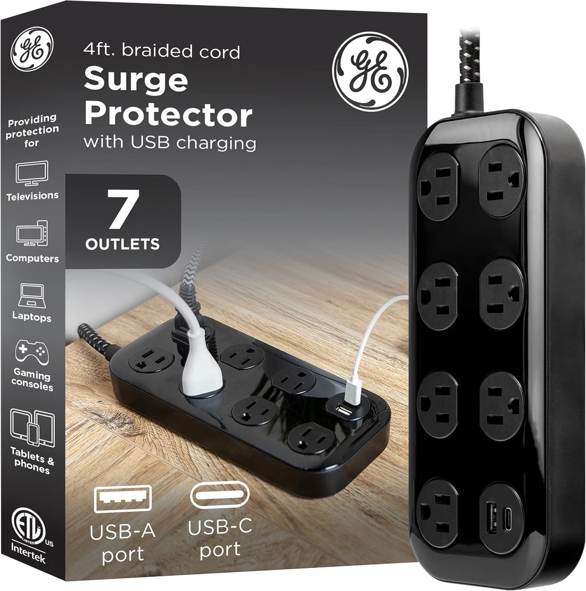 GE-branded 7-Outlet Surge Protector, 1 USB-A, 1 USB-C, 1470 Joules, 4ft., Black