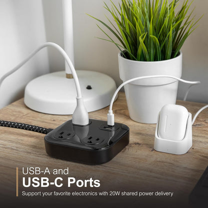GE-branded UltraPro 3-Outlet Surge Protector with USB, 245J, 1 USB-A, 1 USB-C, Black