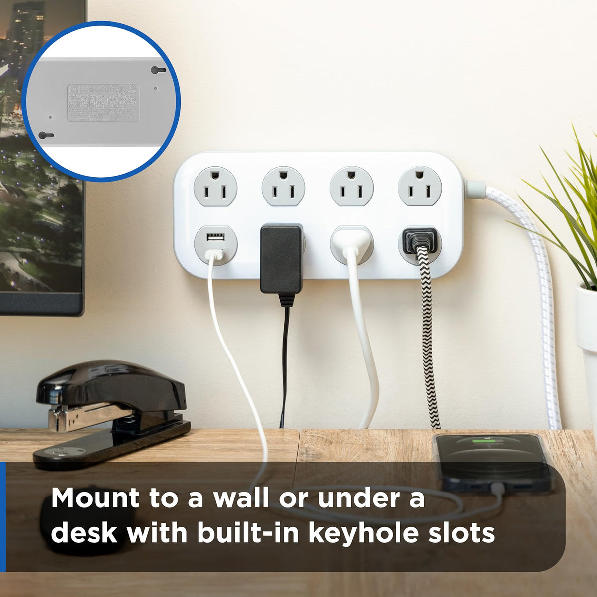 GE-branded 7-Outlet Surge Protector, 1 USB-A, 1 USB-C, 1470 Joules, 4ft., White