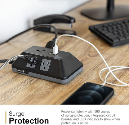 GE UltraPro ADAPT 5-Outlet Surge Protector with USB, 560J, 2 USB-A Ports, 2.4A, 3ft. Braided Cord, Black