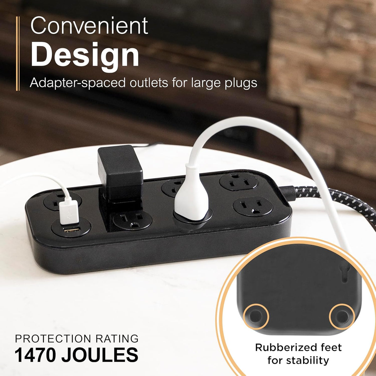 GE-branded UltraPro 7-Outlet Surge Protector, 2 USB-A, 1470 Joules, 4ft., Black